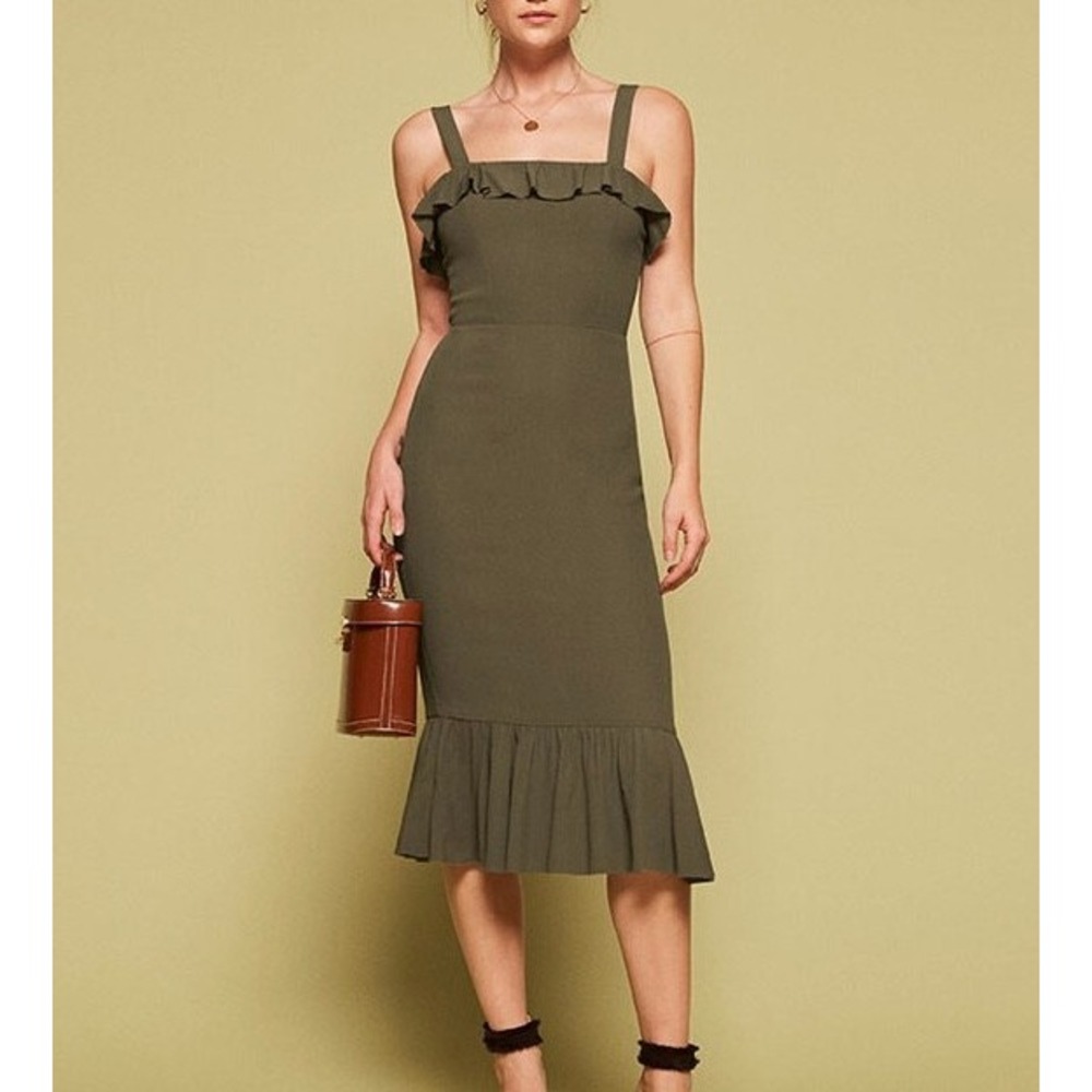 Reformation Frida Olive Green Square Neck Ruffle Midi Dress US 6